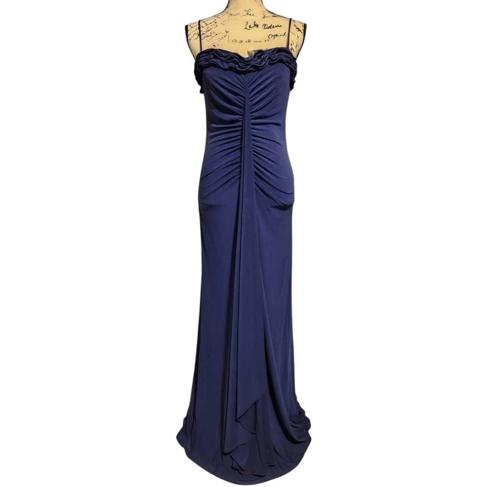 Onyx Nite Navy Blue Jersey Knit Stretch Sweetheart Gown - Picture 2 of 8